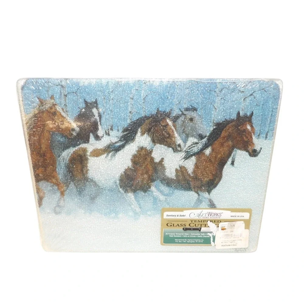 ArtWorks Tempered Glass Cutting Board Running Horses Winter Snow Forest 10x8 USA